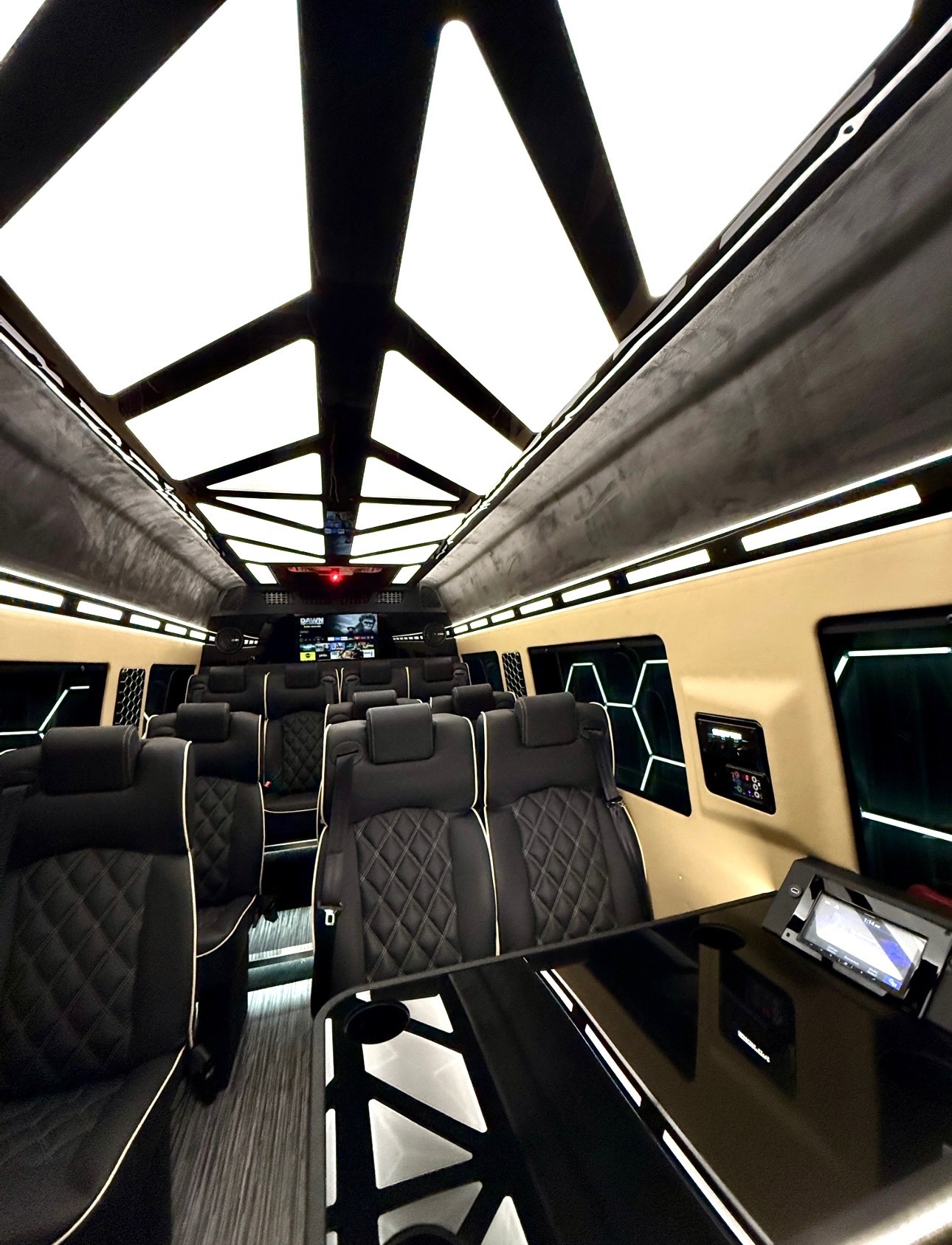 Interior of the coming-soon luxury Sprinter van for 13 passengers