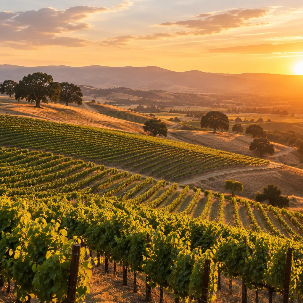 Vineyard rows in Temecula Valley wine country at golden hour